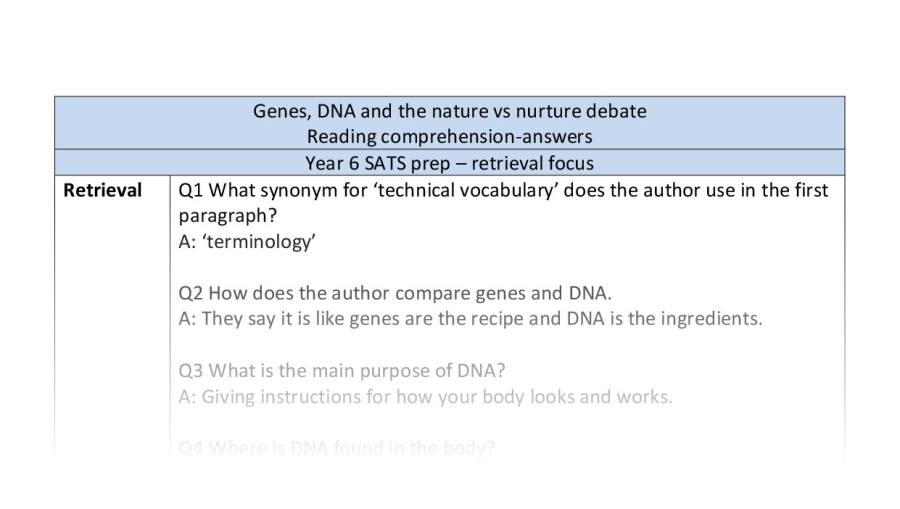 Retrieval - reading comprehension - genes DNA and nature vs nurture