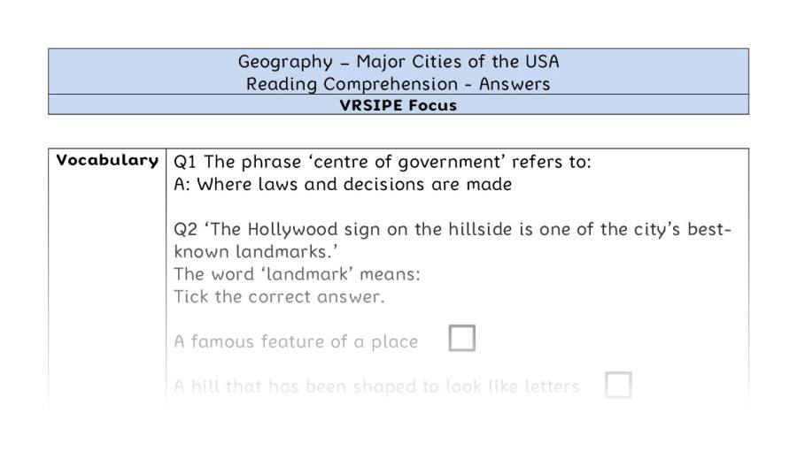 Major Cities of the USA - Reading Comprehension Answers - VRSIPE Focus