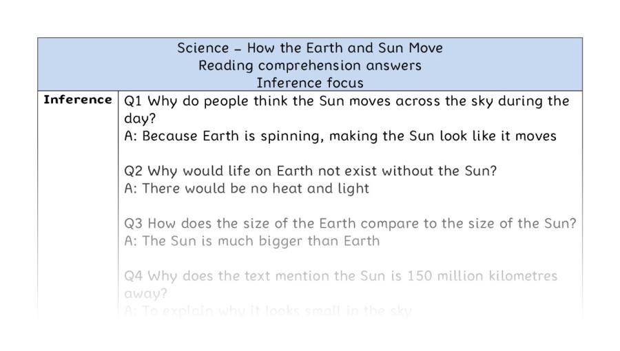 How the Earth and Sun Move - Reading Comprehension Answers - Inference Focus