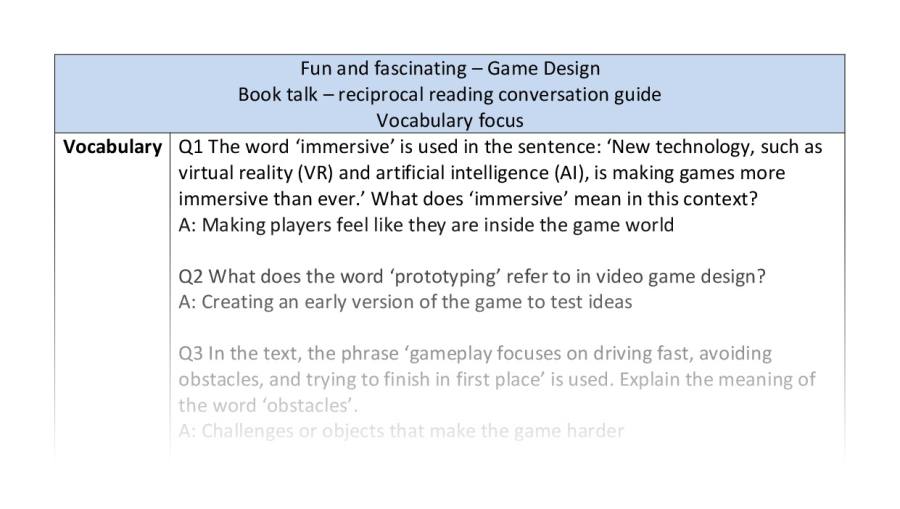 Reciprocal reading - vocabulary - Game Design