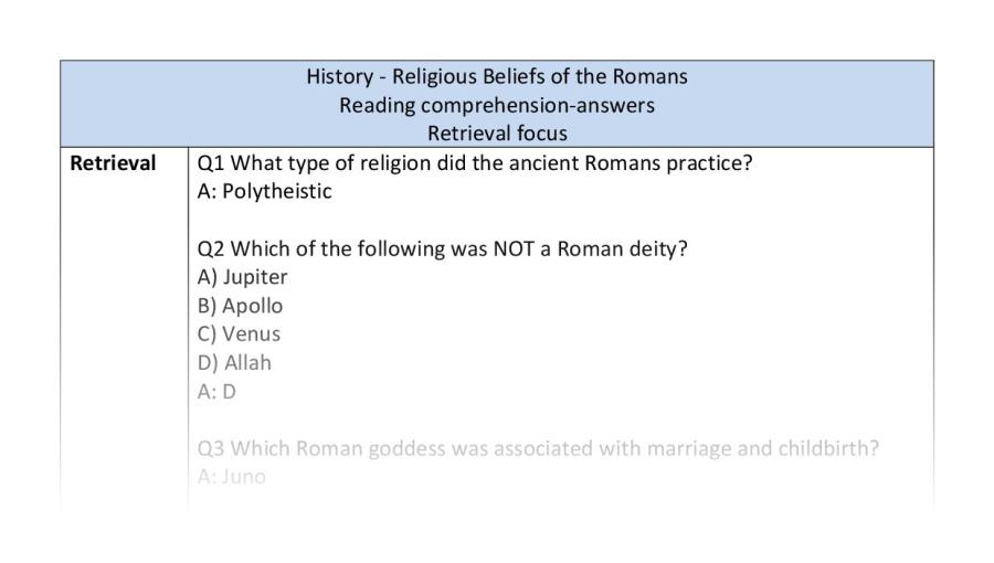 Reading comprehension - retrieval - Roman religious beliefs - answers