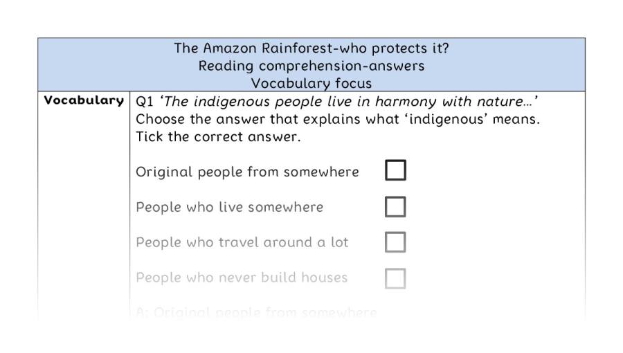 Reading comprehension - vocabulary - The Amazon Rainforest-who protects it - answers