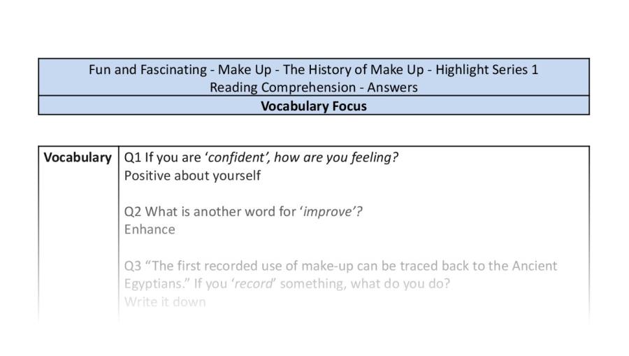 Reading Comprehension - The History of Make Up - Highlight Series 1 - Vocabulary Focus