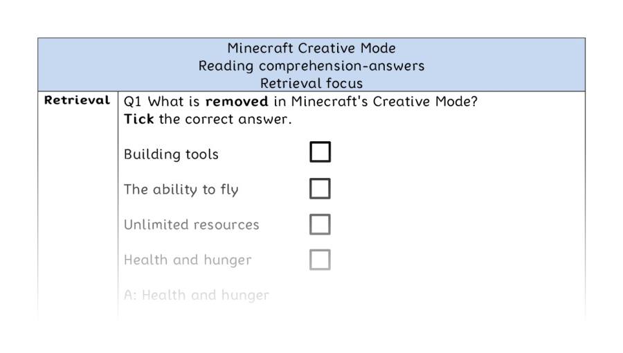Reading comprehension - retrieval - Minecraft Creative Mode - answers
