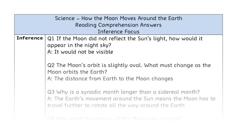 How the Moon Moves Around the Earth - Reading Comprehension Answers - Inference Focus