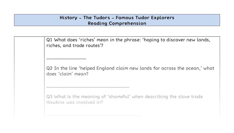 Reading comprehension - famous Tudor explorers - VRSIPE
