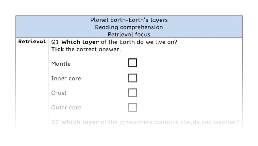 Reading comprehension - retrieval - Planet Earth-Earths layers