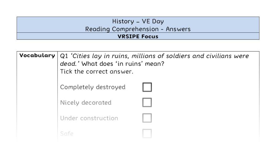 VE Day - Reading Comprehension Answers - VRSIPE Focus