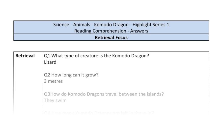 Reading Comprehension - Komodo Dragon - Highlight Series 1 - Retrieval Focus