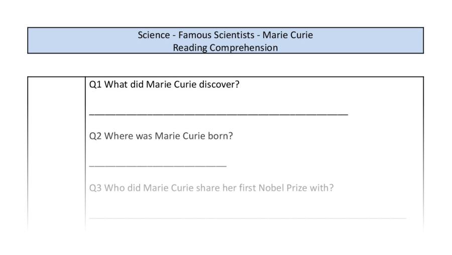 Reading comp - Famous Scientists-Marie Curie - retrieval