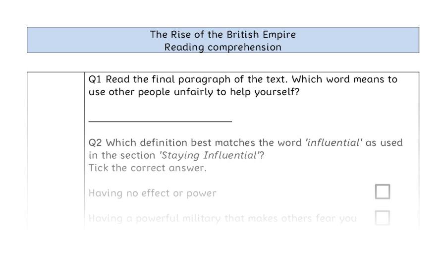 Reading comprehension - VRSIPE - The Rise of the British Empire