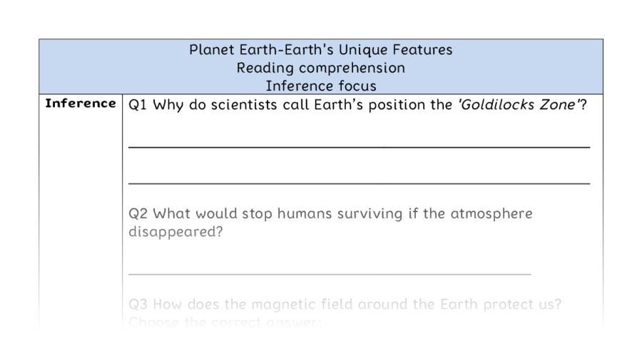 Reading comprehension - inference - Planet Earth-Earths Unique Features