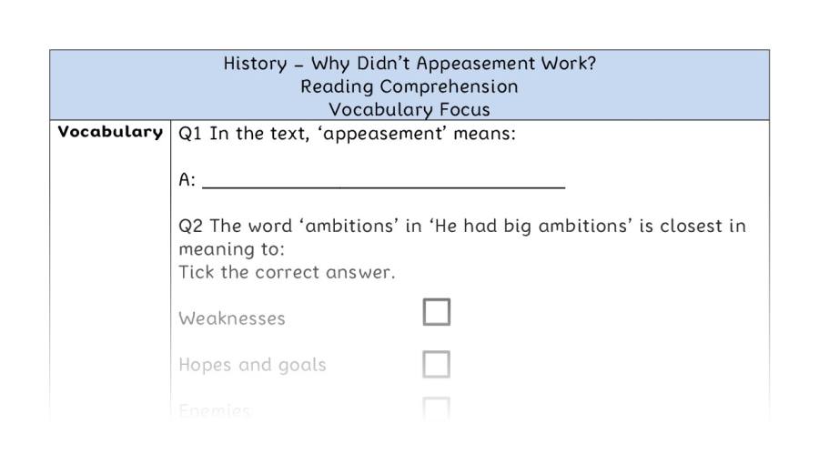 Why Didnt Appeasement Work - Reading Comprehension - Vocabulary Focus