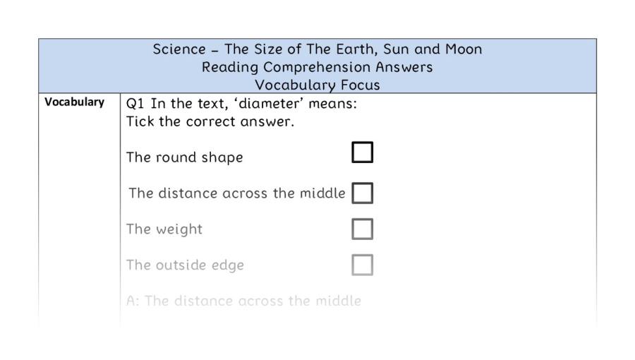 The Size of The Earth, Sun and Moon - Reading Comprehension Answers - Vocabulary Focus