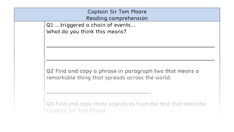 Reading comprehension - Captain Sir Tom Moore - VRSIPE