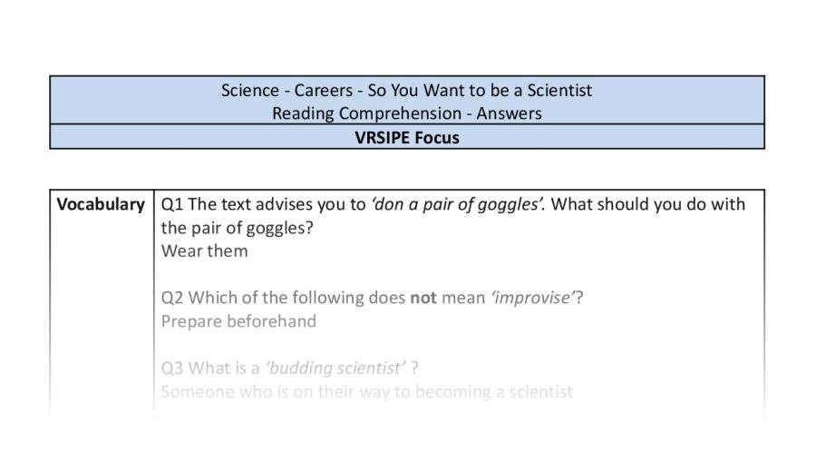 Reading Comprehension - So You Want to be a Scientist - UKS2 - VRSIPE Focus 1