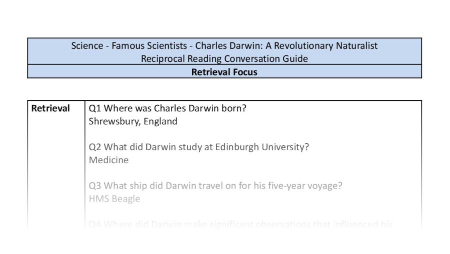 Reciprocal Reading Conversation - Charles Darwin A Revolutionary Naturalist - Retrieval Focus
