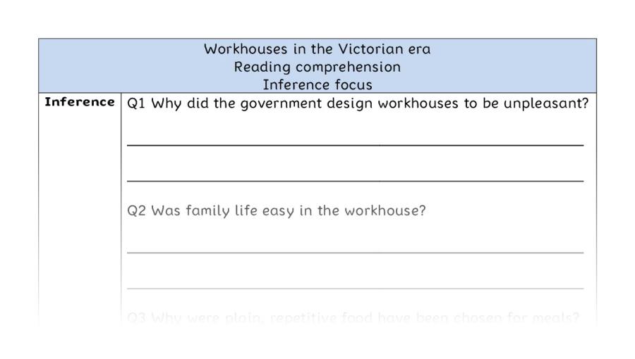 Reading comprehension - inference - Workhouses in the Victorian era