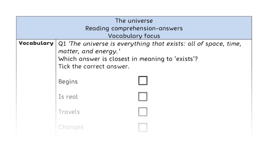 Reading comprehension - vocabulary - The universe - answers