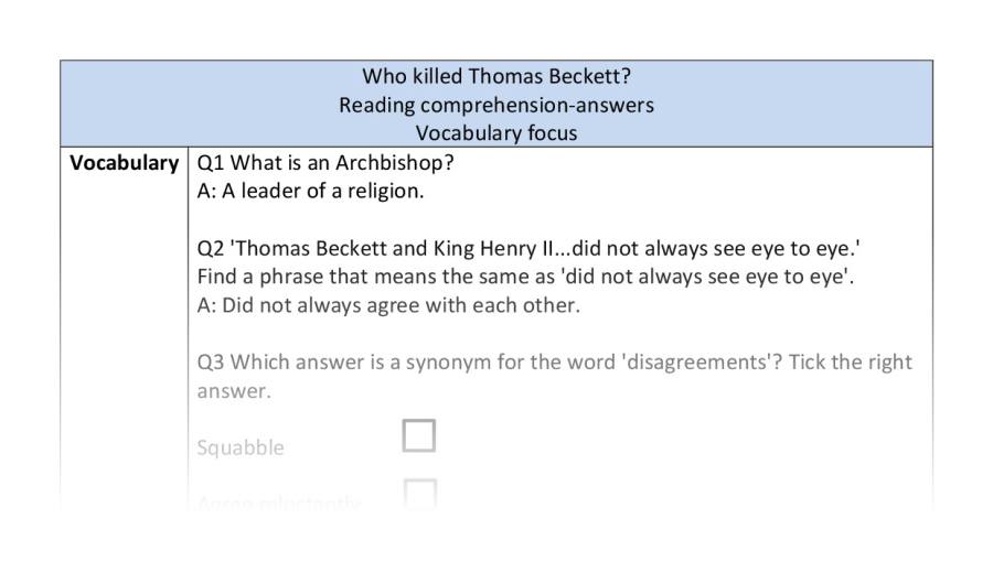 Reading comprehension-vocabulary-Who killed Thomas Beckett - answers