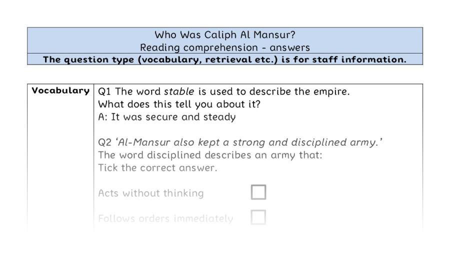Reading comprehension - VRSIPE - Who Was Caliph Al Mansur - answers