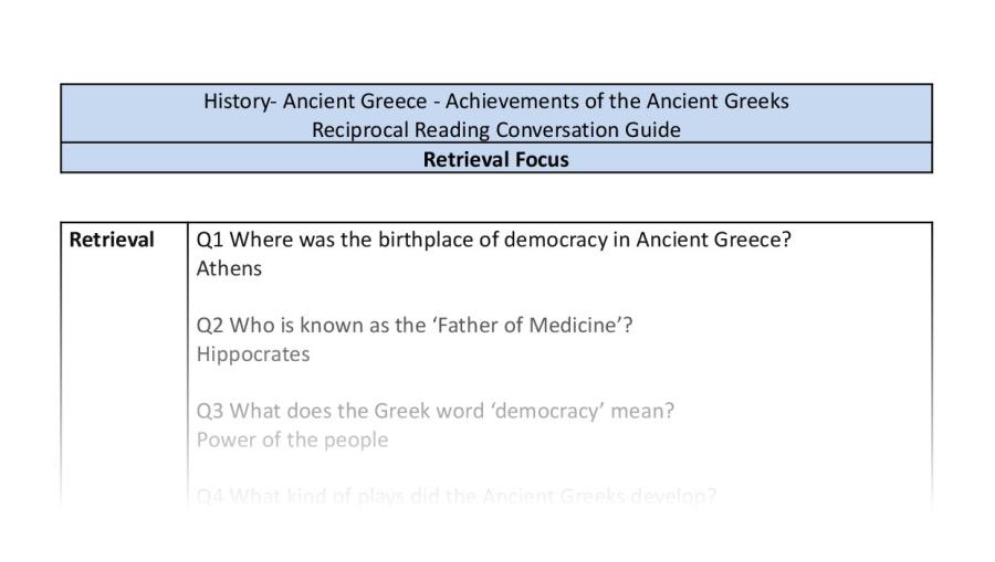 Reciprocal Reading Conversation - Achievements of the Ancient Greeks - Retrieval Focus