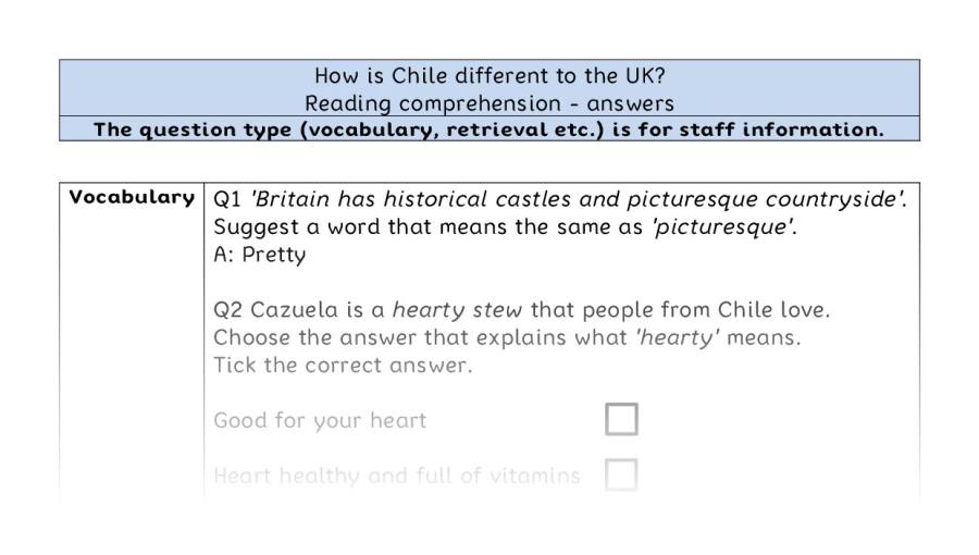 Reading comprehension VRSIPE - How is Chile different to the UK - answers