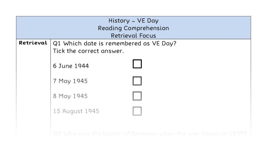 VE Day - Reading Comprehension - Retrieval Focus