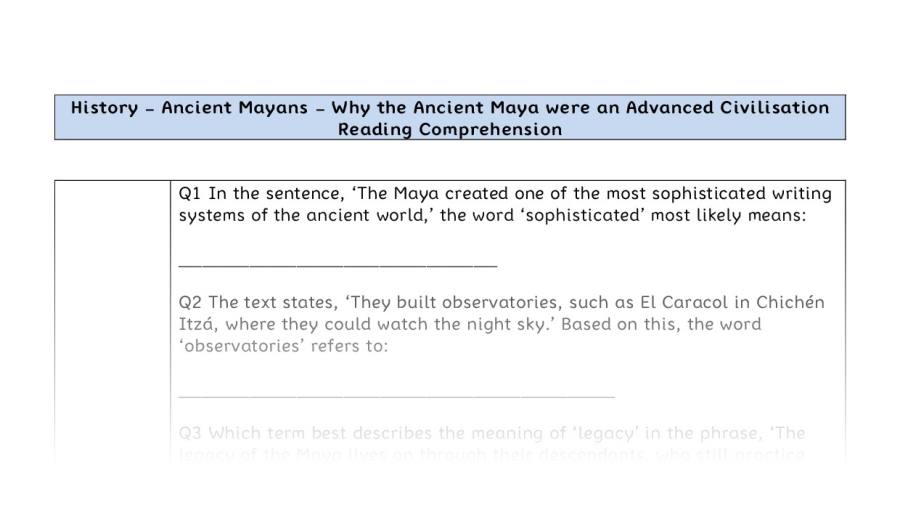 Reading Comprehension - Why the Ancient Maya were an Advanced Civilisation - VRSIPE Focus