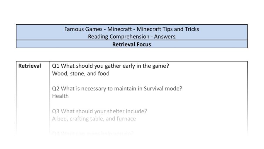 Reading Comprehension - Minecraft Tips and Tricks - Retrieval Focus