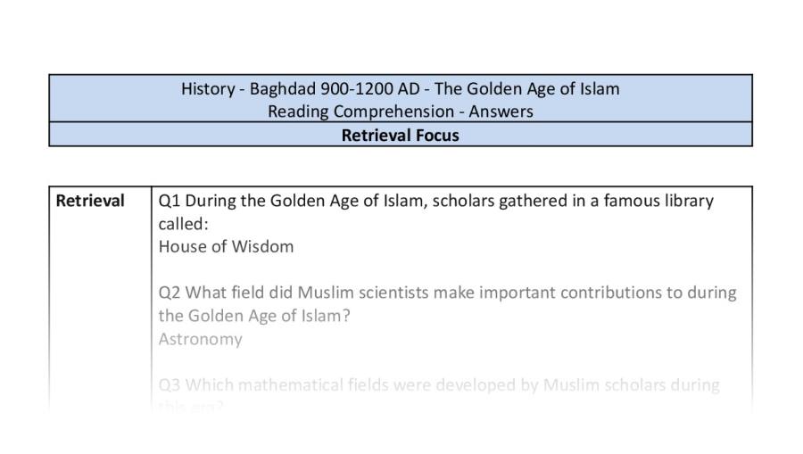 Reading comprehension - retrieval - The Golden Age of Islam-answers