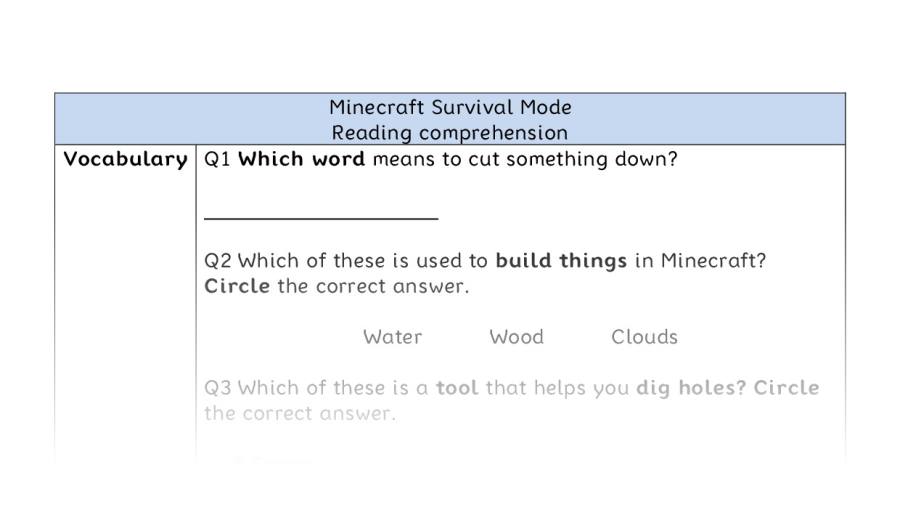 Reading comprehension-Minecraft Survival Mode-vocabulary