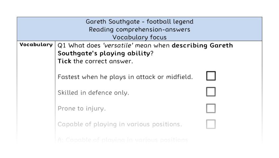 Reading comprehension - vocabulary - Gareth Southgate - football legend - answers