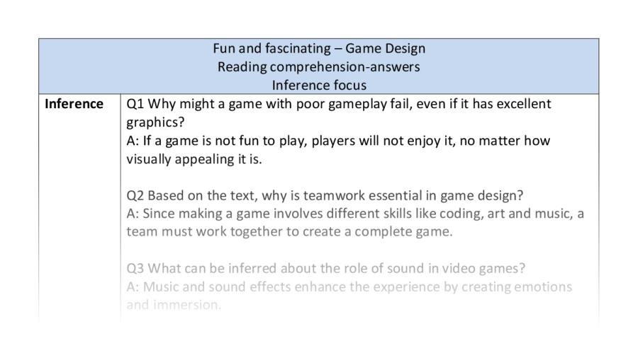 Reading comprehension - inference - Game design