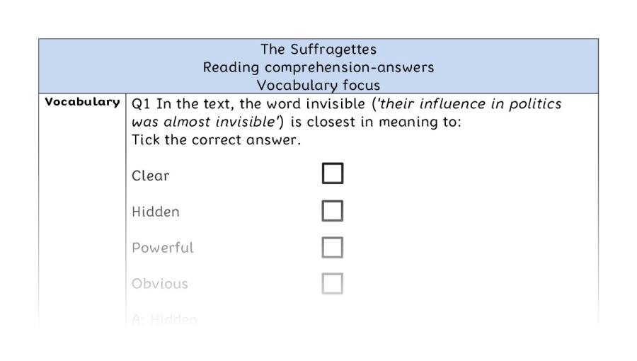 Reading comprehension - vocabulary - The Suffragettes - answers