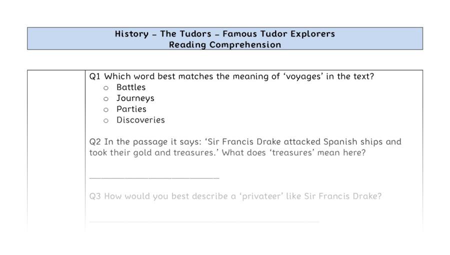 Reading comprehension - famous Tudor explorers - vocabulary