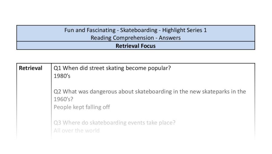 Reading Comprehension - Skateboarding - Highlight Series 1 - Retrieval Focus