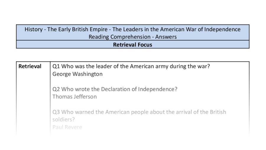 Reading Comprehension - The Leaders in the American War of Independence - Retrieval-answers
