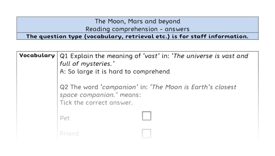 Reading comprehension - VRSIPE - The Moon, Mars and beyond - answers