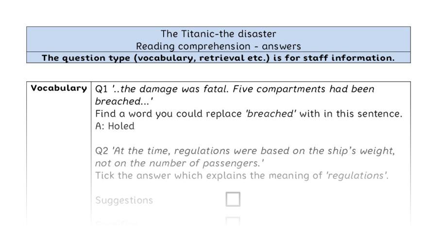 Reading comprehension - VRSIPE - The Titanic-the disaster - answers
