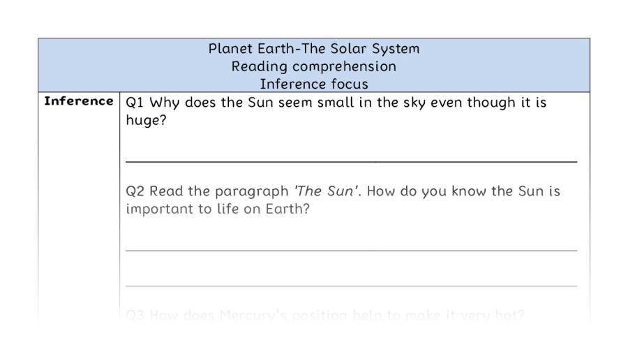 Reading comprehension - inference - The Solar System