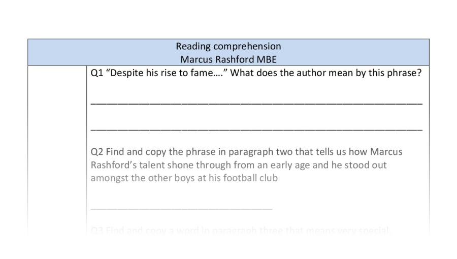 Reading comprehension-Marcus Rashford-VRSIPE focus