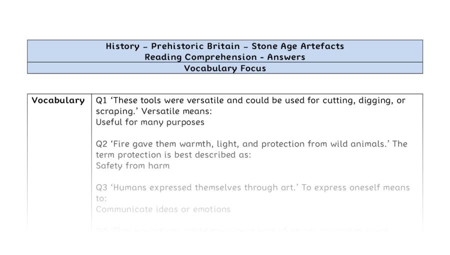 Reading Comprehension - Stone Age Artefacts - Vocabulary Focus