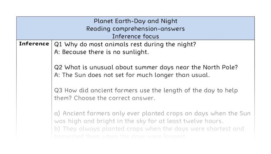 Reading comprehension - inference - Planet Earth-Day and Night - answers