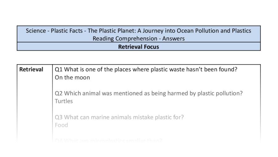 Reading comprehension-retrieval-the plastic planet-answers