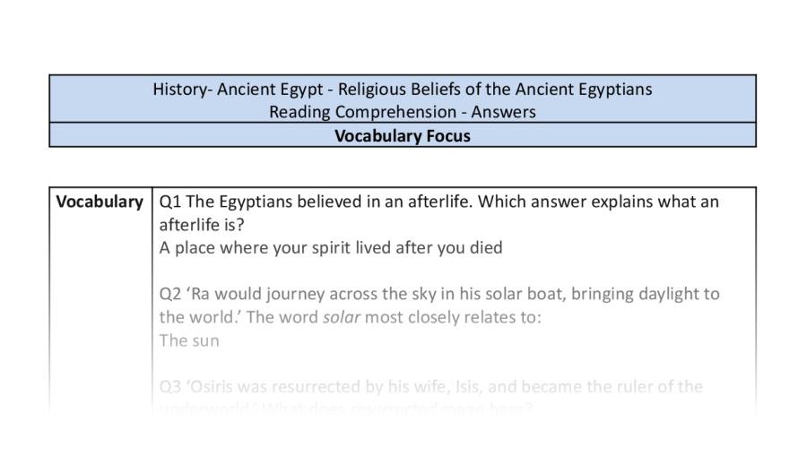 Reading Comprehension - Religious Beliefs of the Ancient Egyptians - Vocabulary Focus