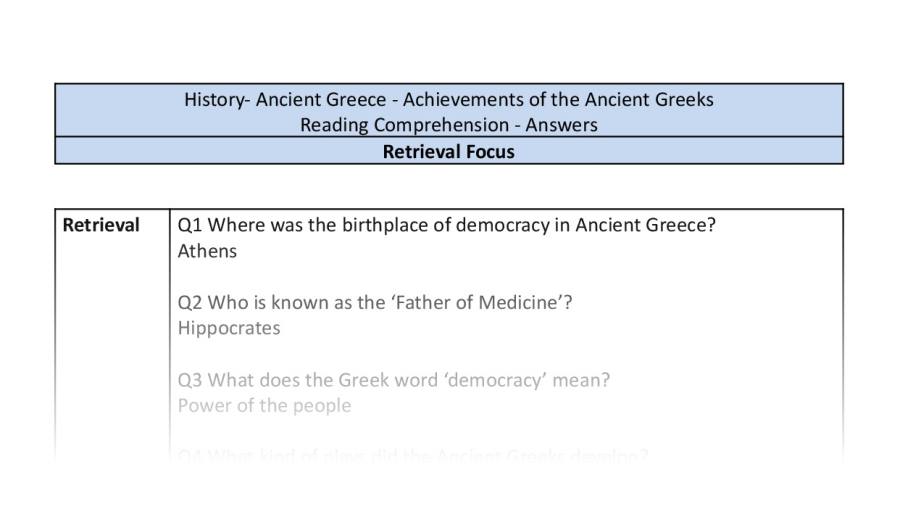 Reading Comprehension - Achievements of the Ancient Greeks - Retrieval Focus