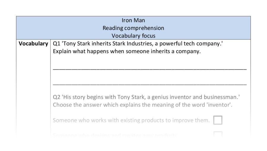 Reading comprehension - vocabulary - Iron Man