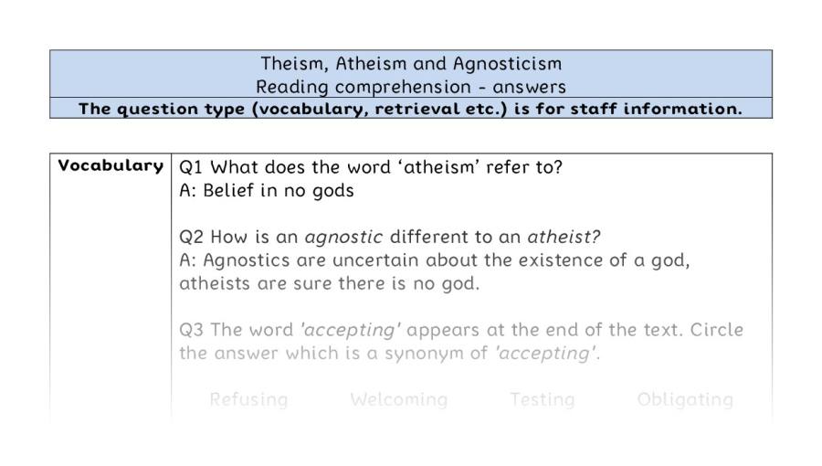 Reading comprehension - VRSIPE - Theism, Atheism and Agnosticism - answers