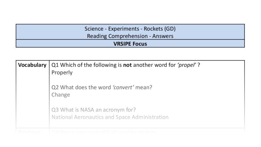 Reading Comprehension - Rockets - UKS2 - VRSIPE Focus